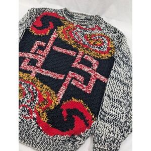 VINTAGE Chunky 80s Sweater  XL Knit Geometric Pattern Green Red Yellow